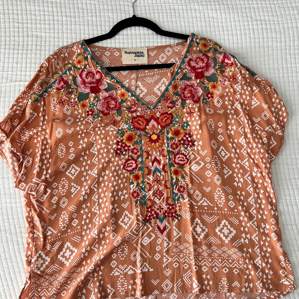 Savanna Jane Orange Flutter Sleeve Blouse with Graphic Embellishments